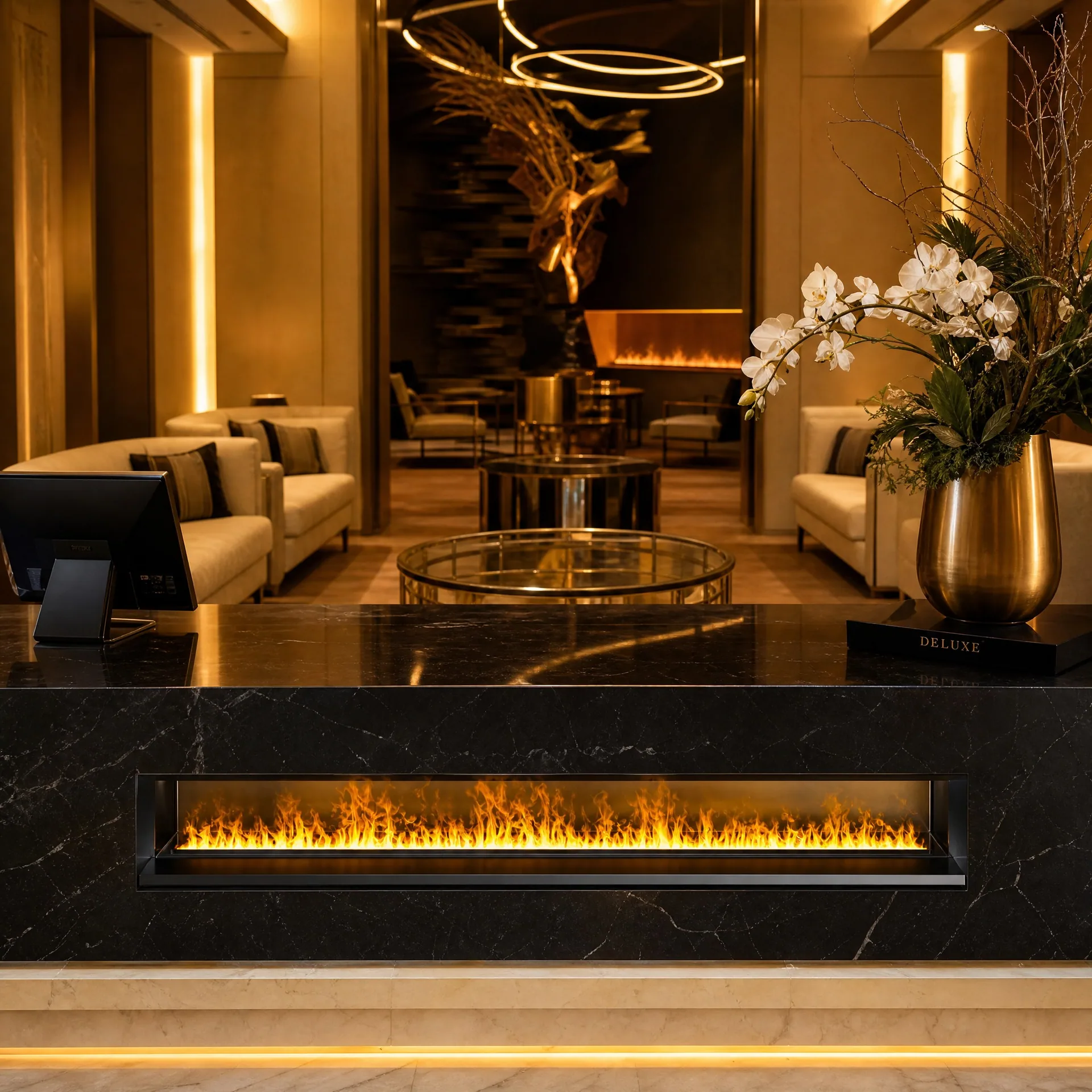 Deluxe 3D-Wasserdampf-Kamin in einer hochwertigen Hotellobby