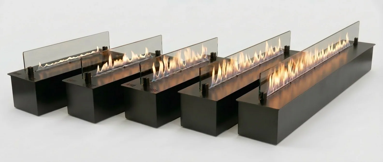 SEV smart ethanol vapor fireplaces demonstrating five progressively higher flame levels